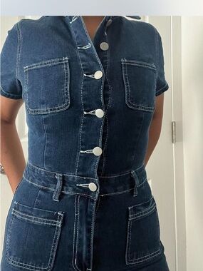 Fashion Nova Dark Indigo Denim Short-Sleeve Jumpsuit